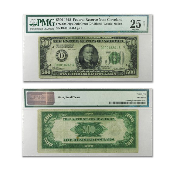 1928 (D-Cleveland) $500 FRN VF-25 PMG (Fr#2200-D) 1928 (D-Cleveland) $500 FRN VF-25 PMG (Fr#2200-D)