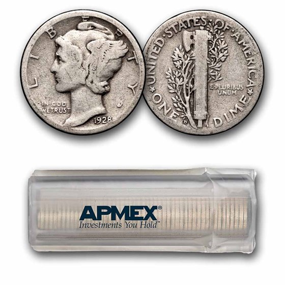 1928-D Mercury Dime 50-Coin Roll Avg Circ