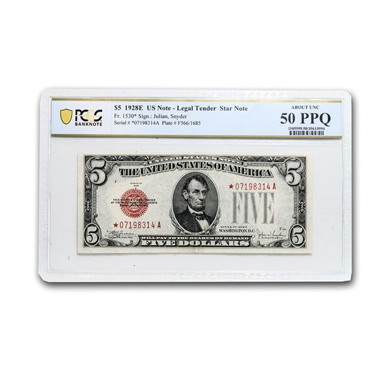 1928-E* $5.00 U.S. Note AU-50 PPQ PCGS (Fr#1530*) Star Note 1928-E* $5.00 U.S. Note AU-50 PPQ PCGS (Fr#1530*) Star Note