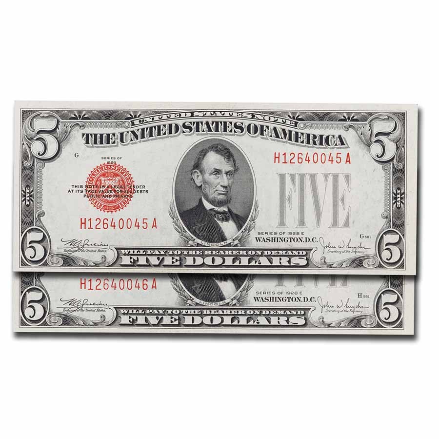 Buy 1928-E $5.00 U.S. Note Red Seal Choice Unc (Fr#1530) 2 Consec | APMEX