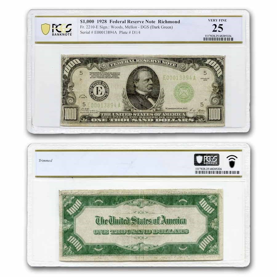 1928 (E-Richmond) $1,000 FRN VF-25 PCGS (Fr#2210-E)