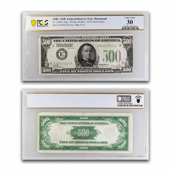 1928 (E-Richmond) $500 FRN VF-30 PCGS (Fr#2200-E) DGS 1928 (E-Richmond) $500 FRN VF-30 PCGS (Fr#2200-E) DGS