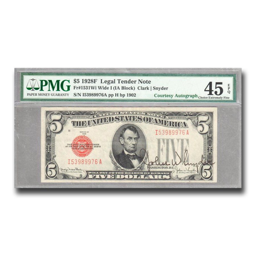 1928-F $5 U.S. Note Red Seal XF-45 EPQ PMG (Fr#1531) Autograph