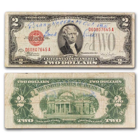 1928-G $2 U.S. Note Red Seal G (Fr#1508) Lucky Pusan Korea 1950