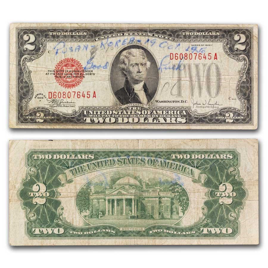 1928-G $2 U.S. Note Red Seal G (Fr#1508) Lucky Pusan Korea 1950