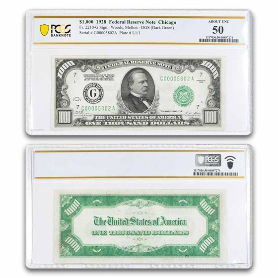 1928 (G-Chicago) $1,000 FRN AU-50 PCGS (Fr#2210-G)