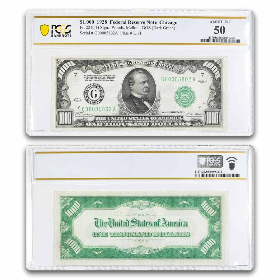 1928 (G-Chicago) $1,000 FRN AU-50 PCGS (Fr#2210-G)