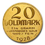 1928 Germany Gold 20 Goldmark MS-66 NGC (PL, Nernburg)