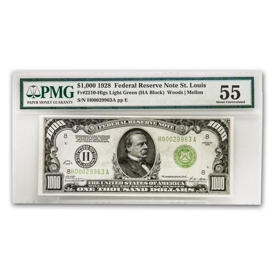 1928 (H-St. Louis) $1,000 FRN AU-55 PMG 1928 (H-St. Louis) $1,000 FRN AU-55 PMG