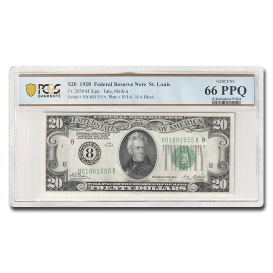 1928 (H-St. Louis) $20 FRN Gem Unc-66 PPQ PCGS (Fr#2050-H) 1928 (H-St. Louis) $20 FRN Gem Unc-66 PPQ PCGS (Fr#2050-H)