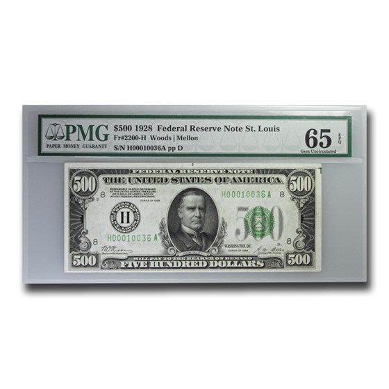 1928 (H-St. Louis) $500 FRN Gem CU-65 EPQ PMG 1928 (H-St. Louis) $500 FRN Gem CU-65 EPQ PMG