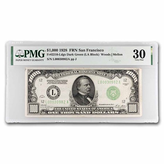 1928 (L- San Francisco) $1,000 FRN VF-30 PMG (Fr#2210-L) 1928 (L- San Francisco) $1,000 FRN VF-30 PMG (Fr#2210-L)