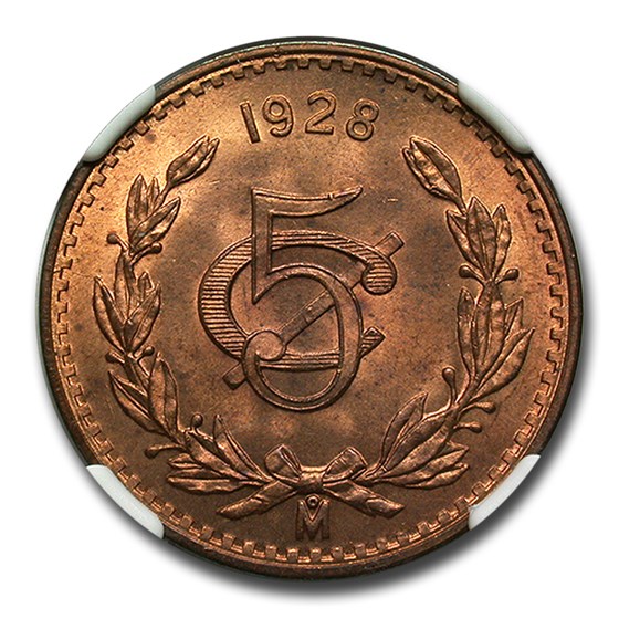 1928-Mo Mexico 5 Centavos MS-65 NGC (Red/Brown)