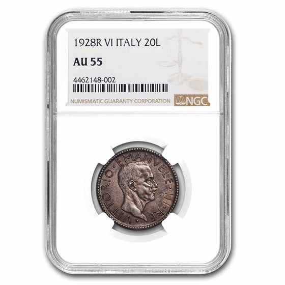 1928-R Italy Silver 20 Lire Vittorio Emanuele III AU-55 NGC 1928-R Italy Silver 20 Lire Vittorio Emanuele III AU-55 NGC