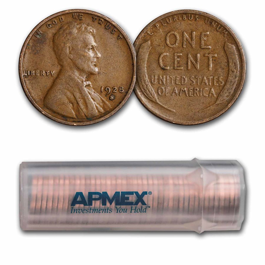 1928-S Lincoln Cent 50-Coin Roll Avg Circ