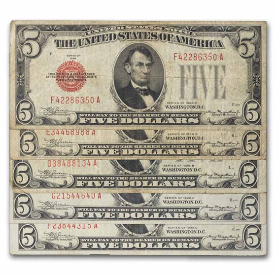 1928 thru 1928-F $5.00 U.S. Note Red Seal VG/VF Lot of 20