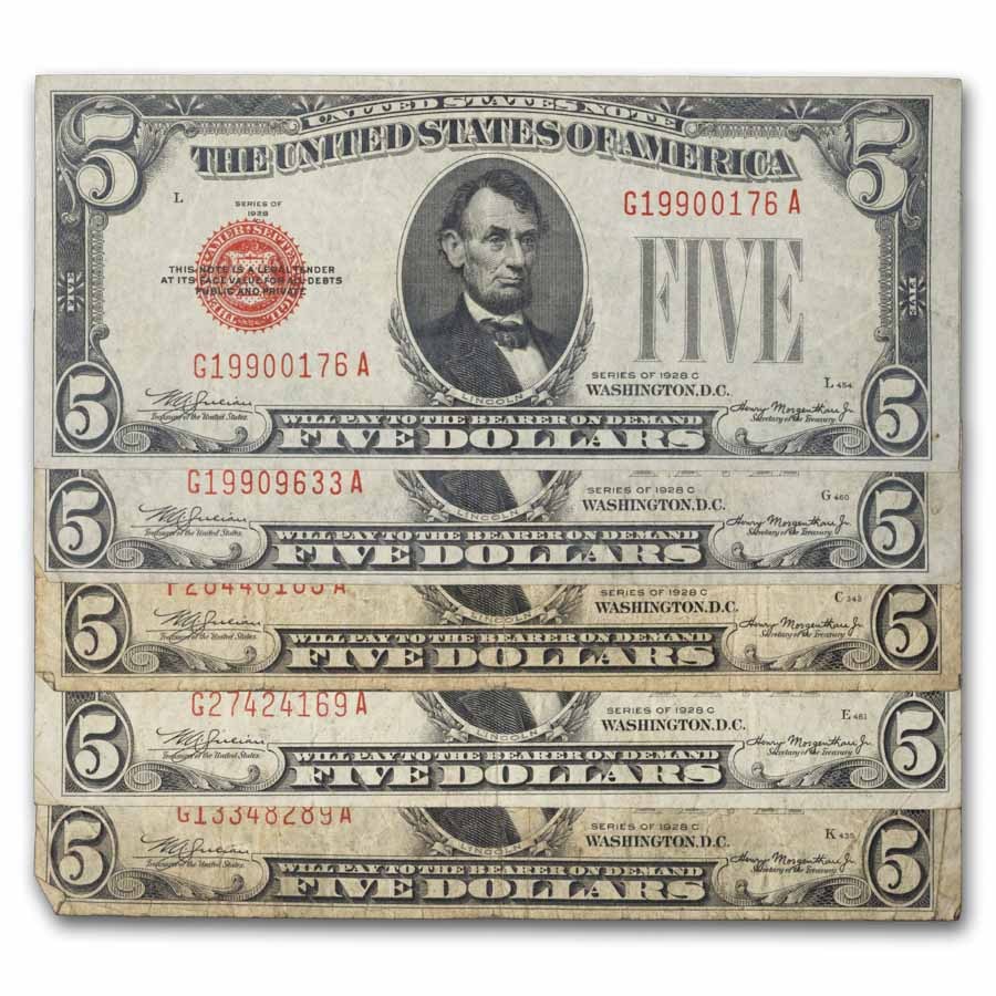 1928 thru 1928-F $5.00 U.S. Note Red Seal VG/VF Lot of 20