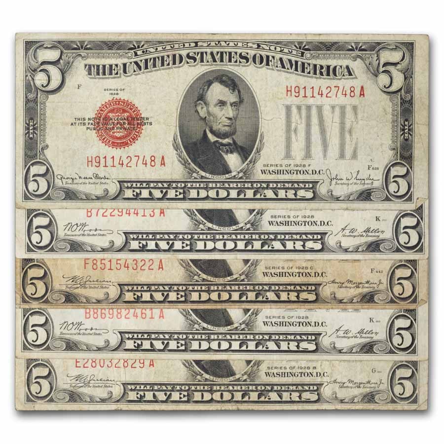 1928 thru 1928-F $5.00 U.S. Note Red Seal VG/VF Lot of 5