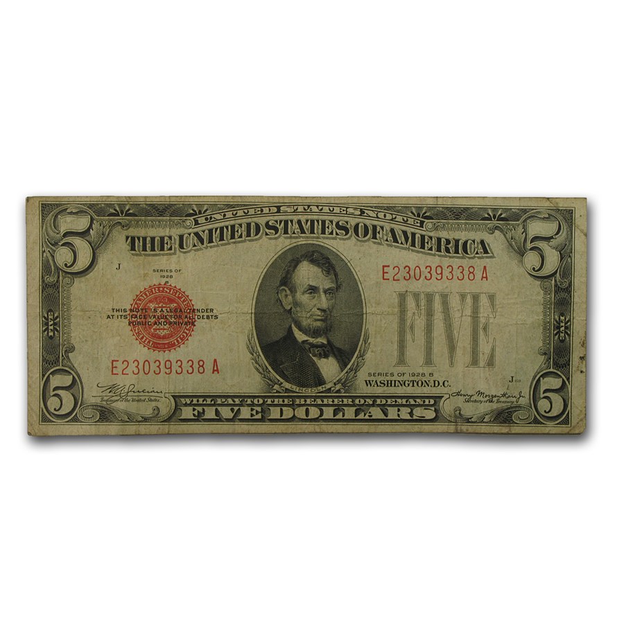 1928 thru 1928-F $5.00 U.S. Note Red Seal VG/VF