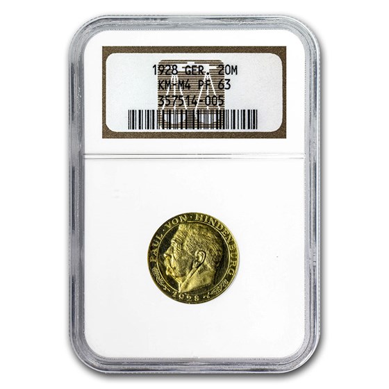 1928 Weimar Republic Gold Medallic 20 Marks PF-63 NGC 1928 Weimar Republic Gold Medallic 20 Marks PF-63 NGC