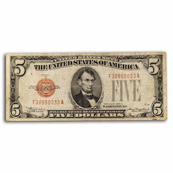1928's $5.00 U.S. Note Red Seal Cull/Good 1928's $5.00 U.S. Note Red Seal Cull/Good