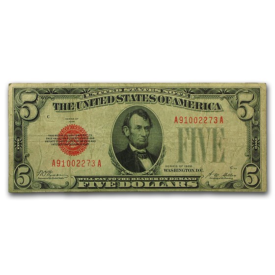 1928's $5.00 U.S. Note Red Seal VG 1928's $5.00 U.S. Note Red Seal VG