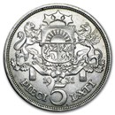 1929-1932 Latvia Silver 5 Lati Avg Circ