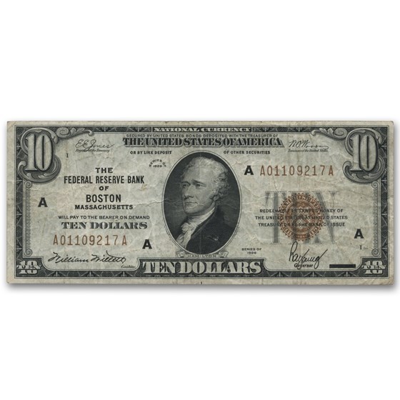 1929 (A-Boston) $10 Brown Seal FRBN Fine (Fr#1860-A) 1929 (A-Boston) $10 Brown Seal FRBN Fine (Fr#1860-A)