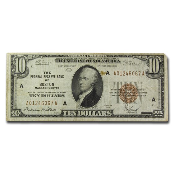 1929 (A-Boston) $10 Brown Seal FRBN VF (Fr#1860-A) 1929 (A-Boston) $10 Brown Seal FRBN VF (Fr#1860-A)