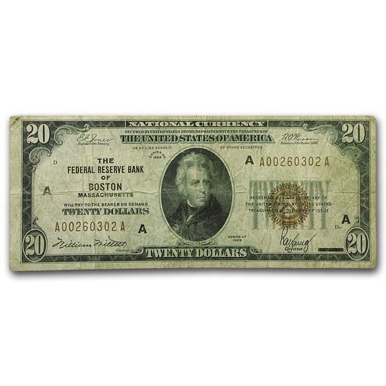 1929 (A-Boston) $20 Brown Seal FRBN Fine 1929 (A-Boston) $20 Brown Seal FRBN Fine