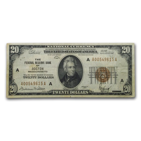 1929 (A-Boston) $20 Brown Seal FRBN VF (Fr#1870-A) 1929 (A-Boston) $20 Brown Seal FRBN VF (Fr#1870-A)