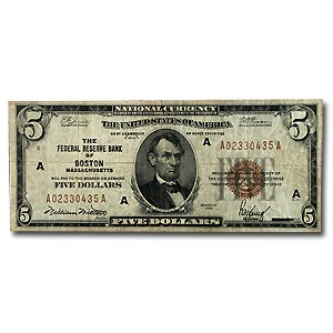 1929 (A-Boston) $5.00 Brown Seal FRBN Fine (Fr#1850-A) 1929 (A-Boston) $5.00 Brown Seal FRBN Fine (Fr#1850-A)