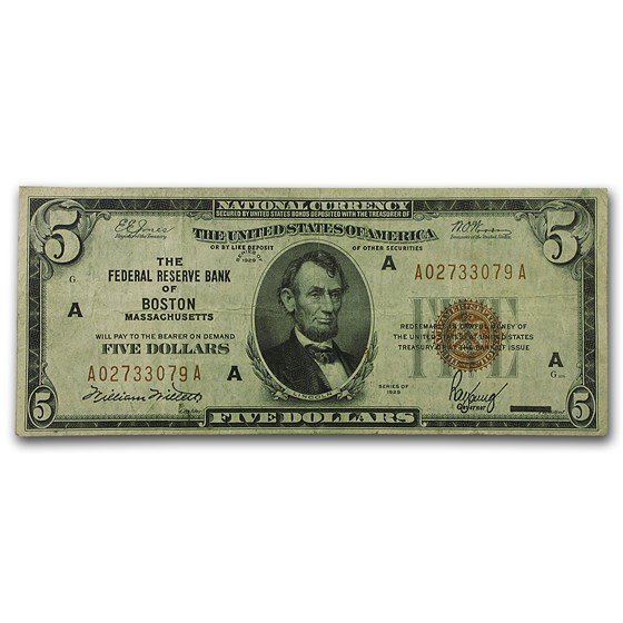 1929 (A-Boston) $5.00 Brown Seal FRBN VF 1929 (A-Boston) $5.00 Brown Seal FRBN VF