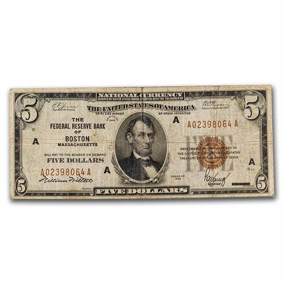 1929 (A-Boston) $5.00 Brown Seal FRBN VG (Fr#1850-A) 1929 (A-Boston) $5.00 Brown Seal FRBN VG (Fr#1850-A)