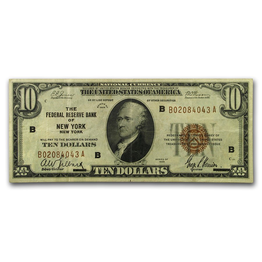 1929 (B-New York) $10 Brown Seal FRBN Fine (Fr#1860-A)