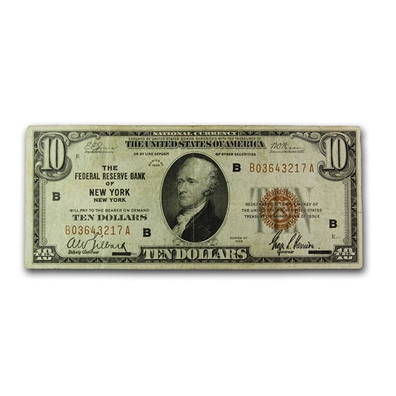 1929 (B-New York) $10 Brown Seal FRBN VF (Fr#1860-A) 1929 (B-New York) $10 Brown Seal FRBN VF (Fr#1860-A)