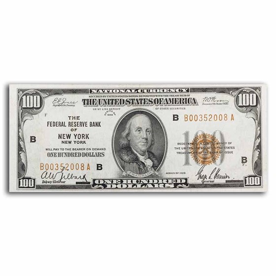 1929 (B-New York) $100 Brown Seal FRBN AU (Fr#1890-B)