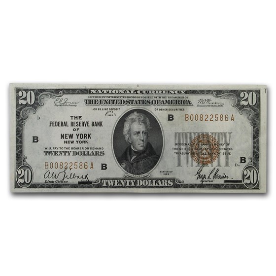 1929 (B-New York) $20 Brown Seal FRBN AU (Fr#1870-B) 1929 (B-New York) $20 Brown Seal FRBN AU (Fr#1870-B)