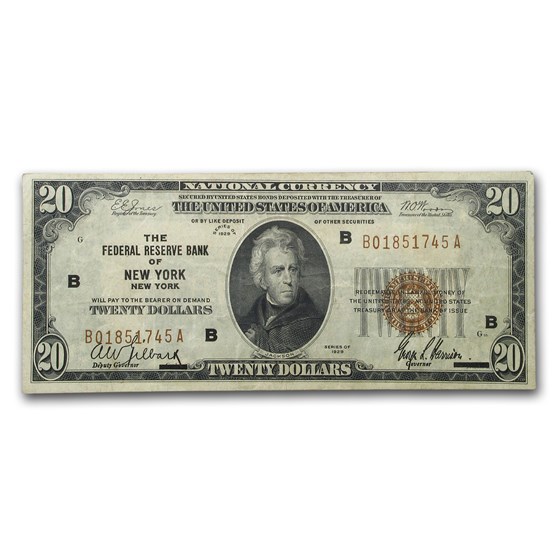 1929 (B-New York) $20 Brown Seal FRBN VF (Fr#1870-B)