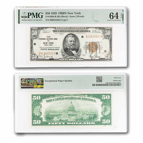 1929 (B-New York) $50 Brown Seal FRBN CU-64 EPQ PMG (Fr#1880-B)