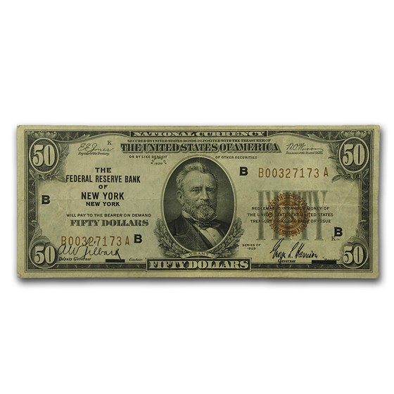 1929 (B-New York) $50 Brown Seal FRBN VF (Fr#1880-B) 1929 (B-New York) $50 Brown Seal FRBN VF (Fr#1880-B)