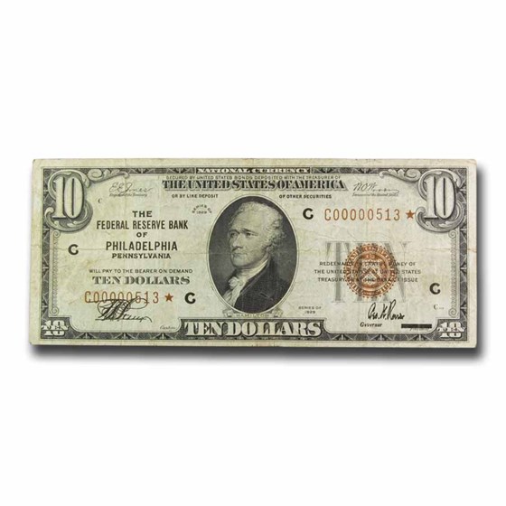 1929* (C-Phila) $10 Brown Seal FRBN Fine (Fr#1860-C*) Star Note 1929* (C-Phila) $10 Brown Seal FRBN Fine (Fr#1860-C*) Star Note