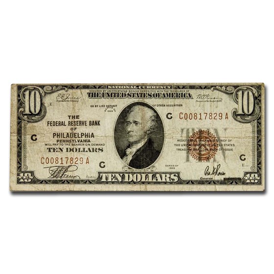 1929 (C-Philadelphia) $10 Brown Seal FRBN Fine (Fr#1860-C) 1929 (C-Philadelphia) $10 Brown Seal FRBN Fine (Fr#1860-C)