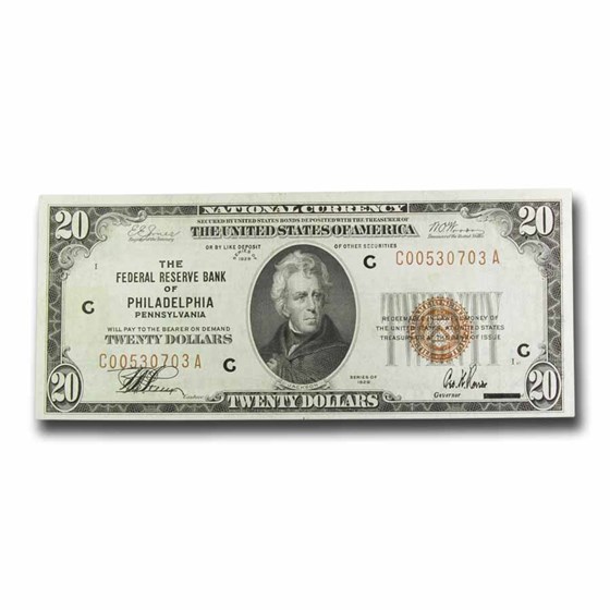 1929 (C-Philadelphia) $20 Brown Seal FRBN AU (Fr#1870-C) 1929 (C-Philadelphia) $20 Brown Seal FRBN AU (Fr#1870-C)