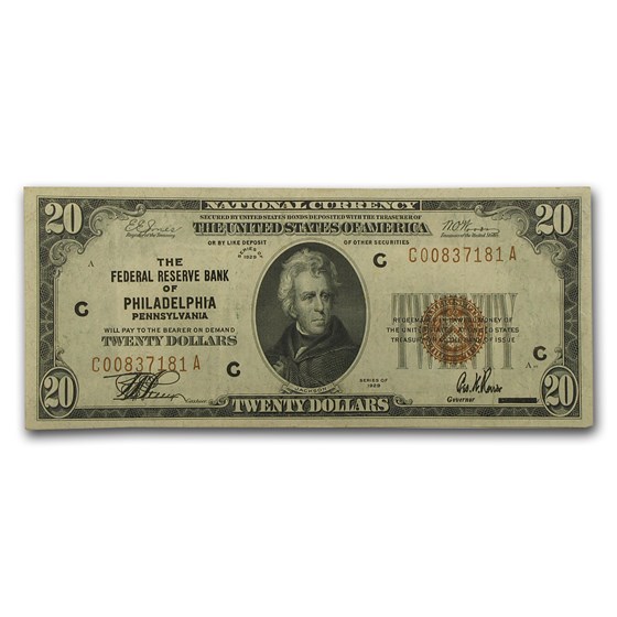 1929 (C-Philadelphia) $20 Brown Seal FRBN VF (Fr#1870-C) 1929 (C-Philadelphia) $20 Brown Seal FRBN VF (Fr#1870-C)