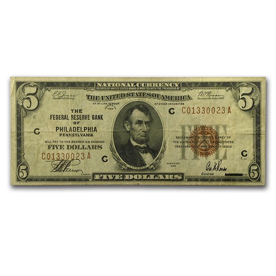 1929 (C-Philadelphia) $5.00 Brown Seal FRBN VF (Fr#1850-C) 1929 (C-Philadelphia) $5.00 Brown Seal FRBN VF (Fr#1850-C)