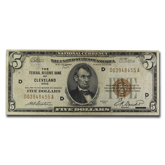 1929 (D-Cleveland) $5.00 Brown Seal FRBN Fine (Fr#1850-D)