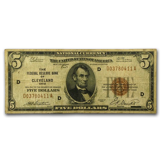 1929 (D-Cleveland) $5.00 Brown Seal FRBN VF (Fr#1850-D) 1929 (D-Cleveland) $5.00 Brown Seal FRBN VF (Fr#1850-D)