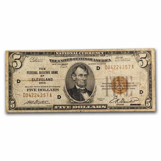 1929 (D-Cleveland) $5.00 Brown Seal FRBN VG (Fr#1850-D)