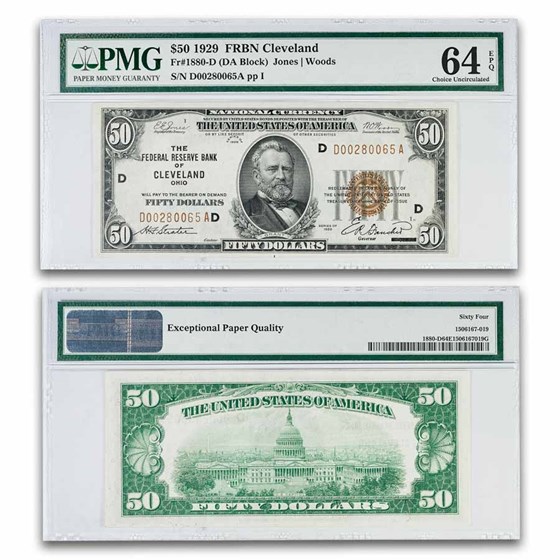 1929 (D-Cleveland) $50 Brown Seal FRBN CCU-64 EPQ PMG (Fr#1880-D)